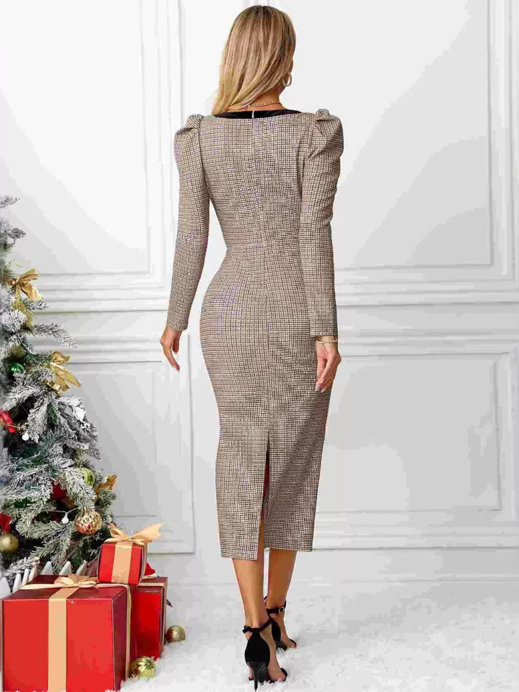 Houndstooth Bow Square-Neck Dress in beige with buttoned, pocketed detailing