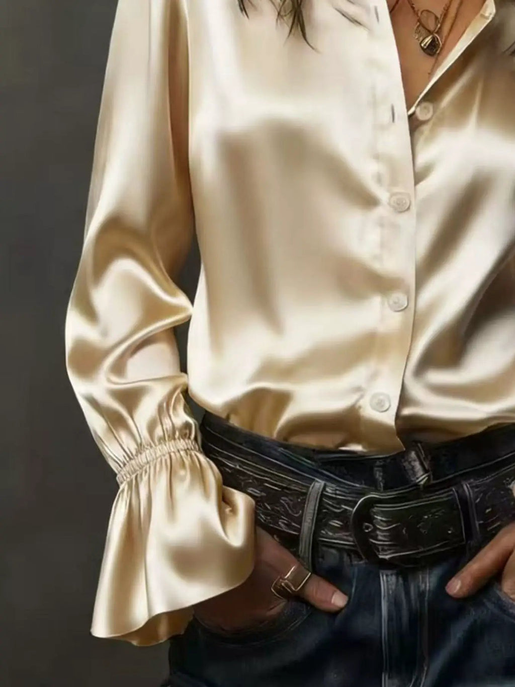 Belle Bijouix Button Up Flounce Sleeve Shirt in ivory satin with ruched sleeves.