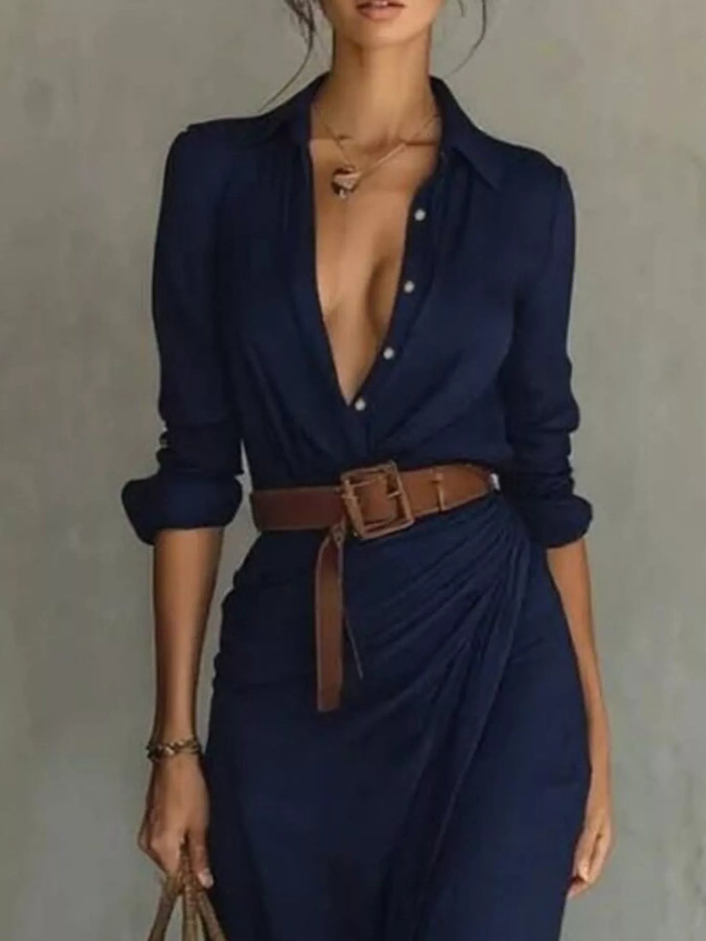 Full-Size Ruched Long-Sleeve Maxi Dress Plus Size, navy, belted, buttoned front by Belle Bijouix