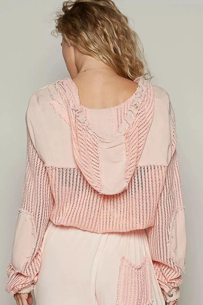 POL Texture Woven Button-Down Hooded Shirt in pink with drawstring hem