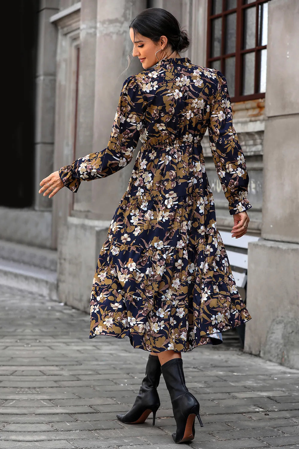 Perfee Floral Flounce Sleeve Tiered Dress in navy floral print