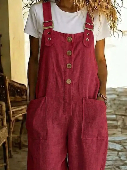 Casual Button Front Wide Leg Overalls in red corduroy with pockets and adjustable straps