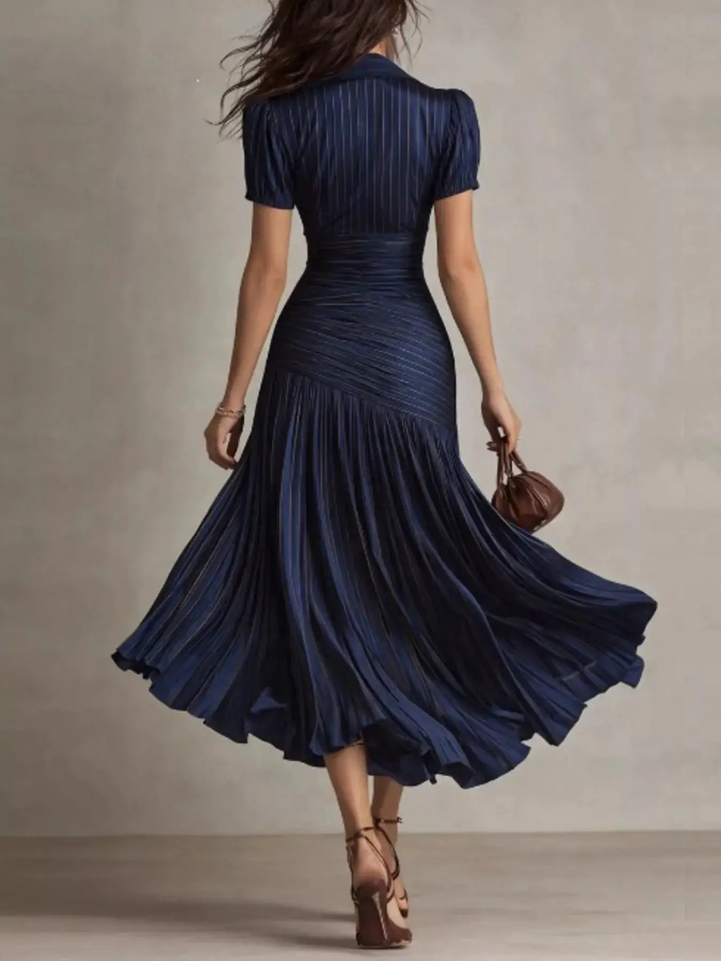 Dresses Belle Bijouix navy pleated striped short-sleeve midi dress with ruched waist and flowing skirt