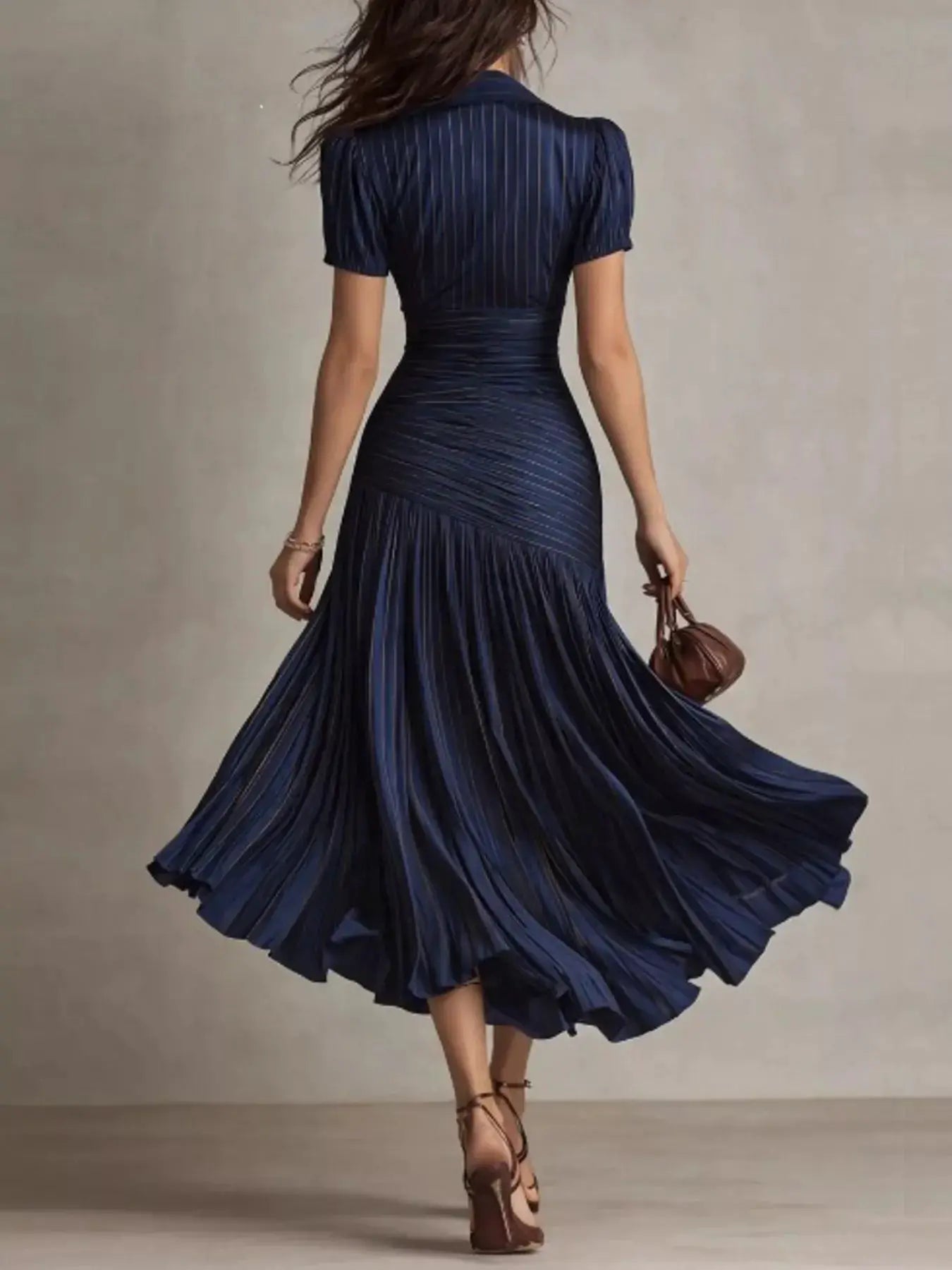 Dresses Belle Bijouix navy pleated striped short-sleeve midi dress with ruched waist and flowing skirt