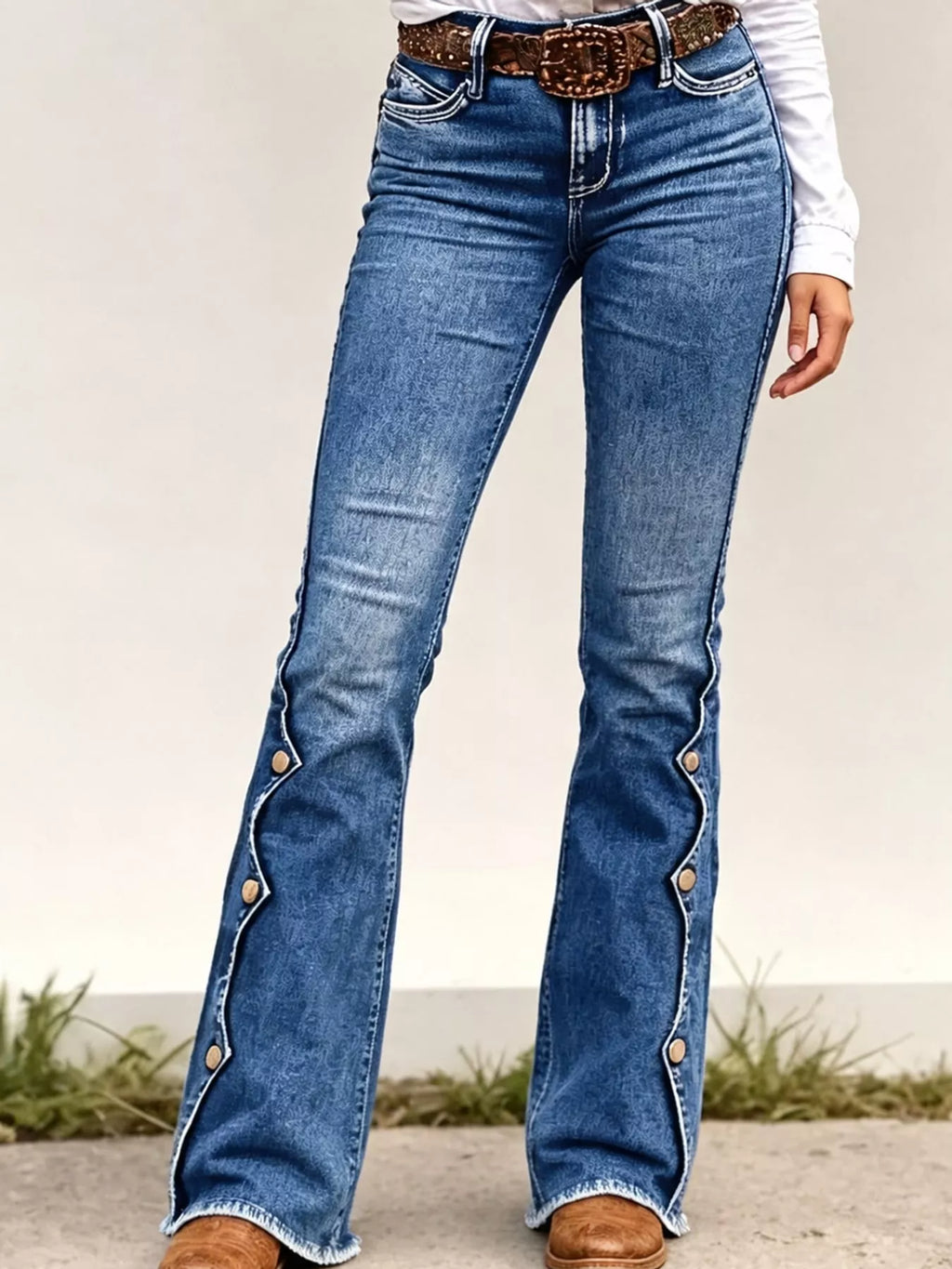 Western Button-Side Flare Jeans in Dark Blue by Belle Bijouix – front view