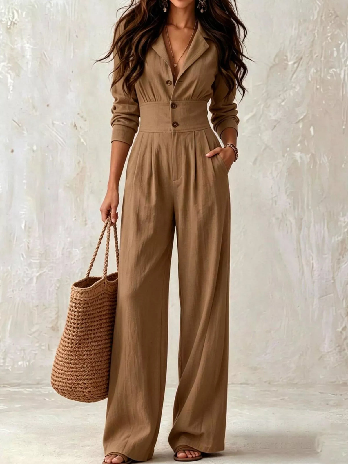 Lapel Collar Button Front Wide-Leg Jumpsuit