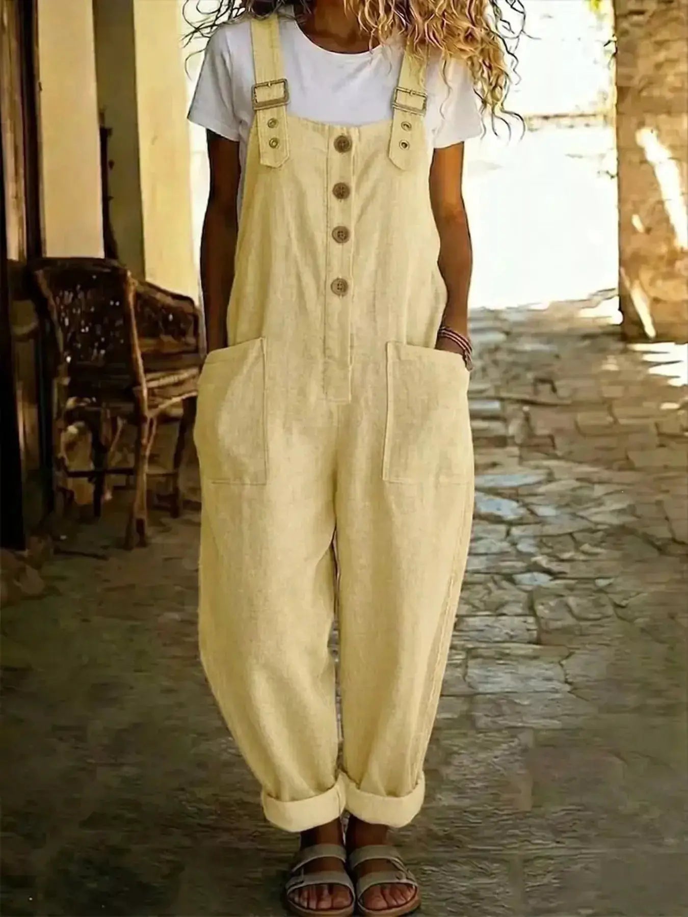 Casual Button Front Wide-Leg Overalls in cream linen-look fabric with pockets and buttoned front
