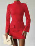 Mock Neck Long Sleeve Bodycon Dress by Belle Bijouix in red with pocket flap detailing