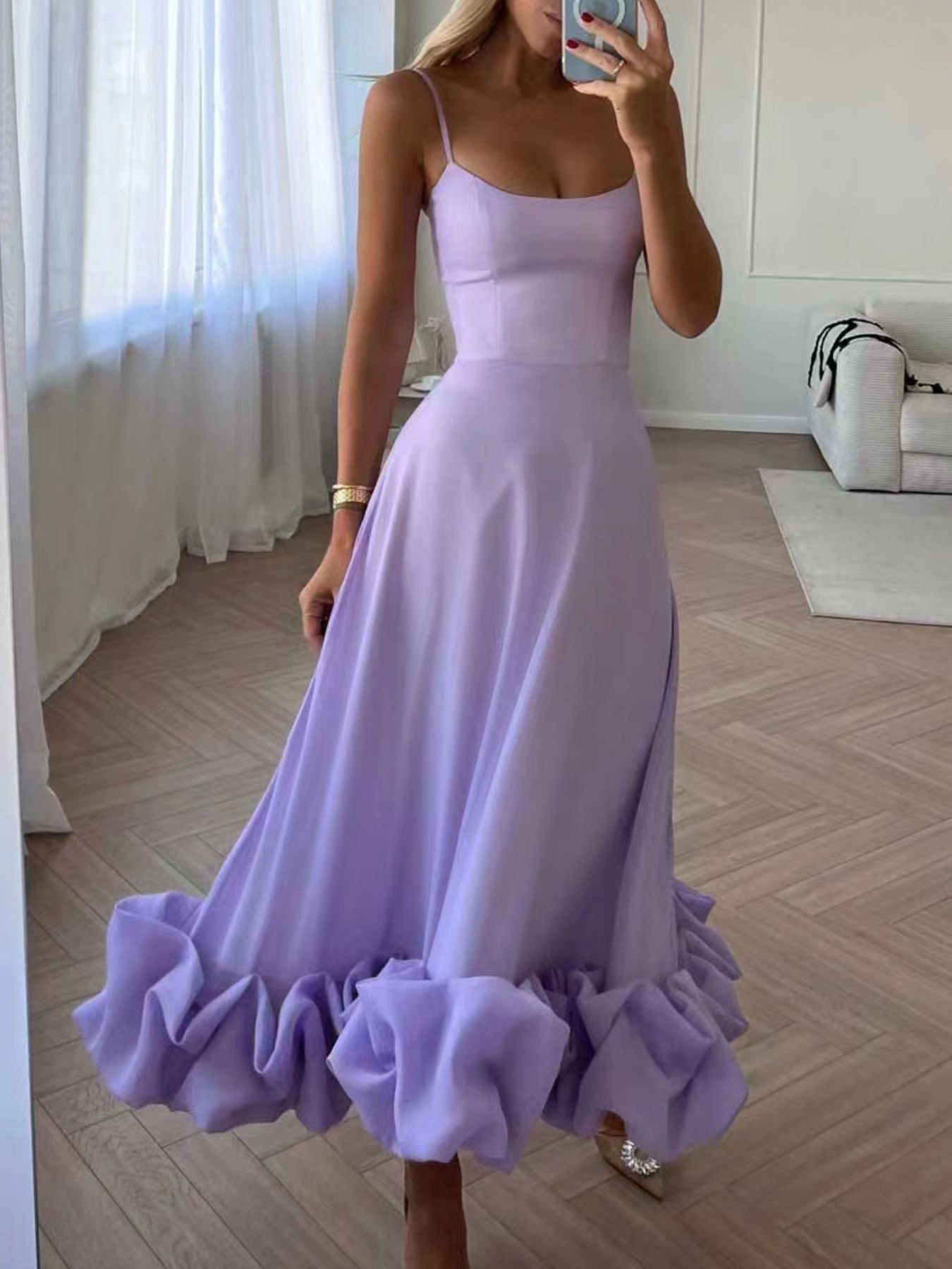 Ruffle Hem Scoop Neck Midi Dress in lavender by Trendsi