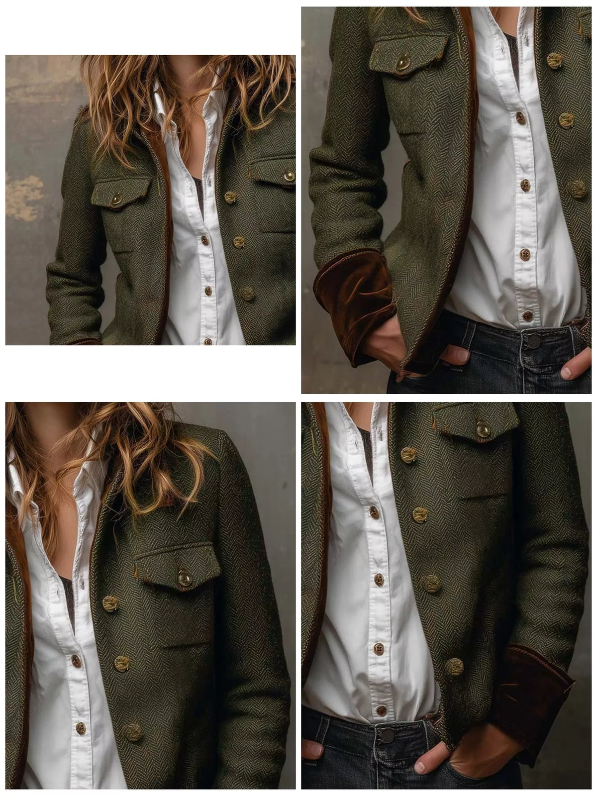 Herringbone Tweed Blazer with Velvet Cuffs in Army Green by Belle Bijouix – view 9 of 10