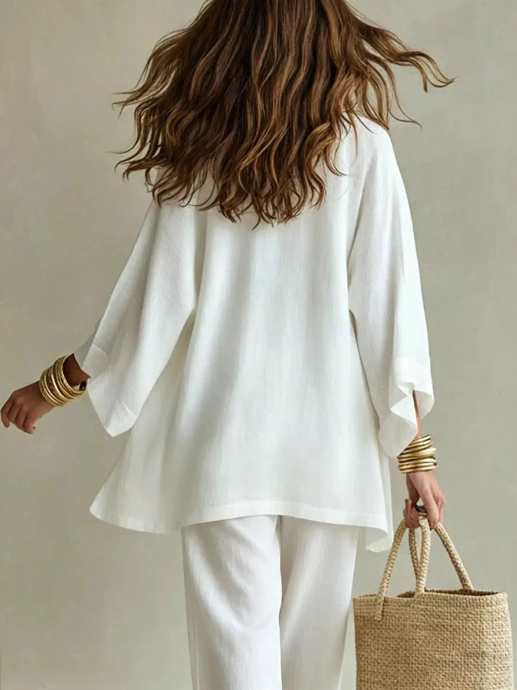 Full Size V-Neck Tank & Cardigan and Pants Set Plus Size by Trendsi in white, back view of model.