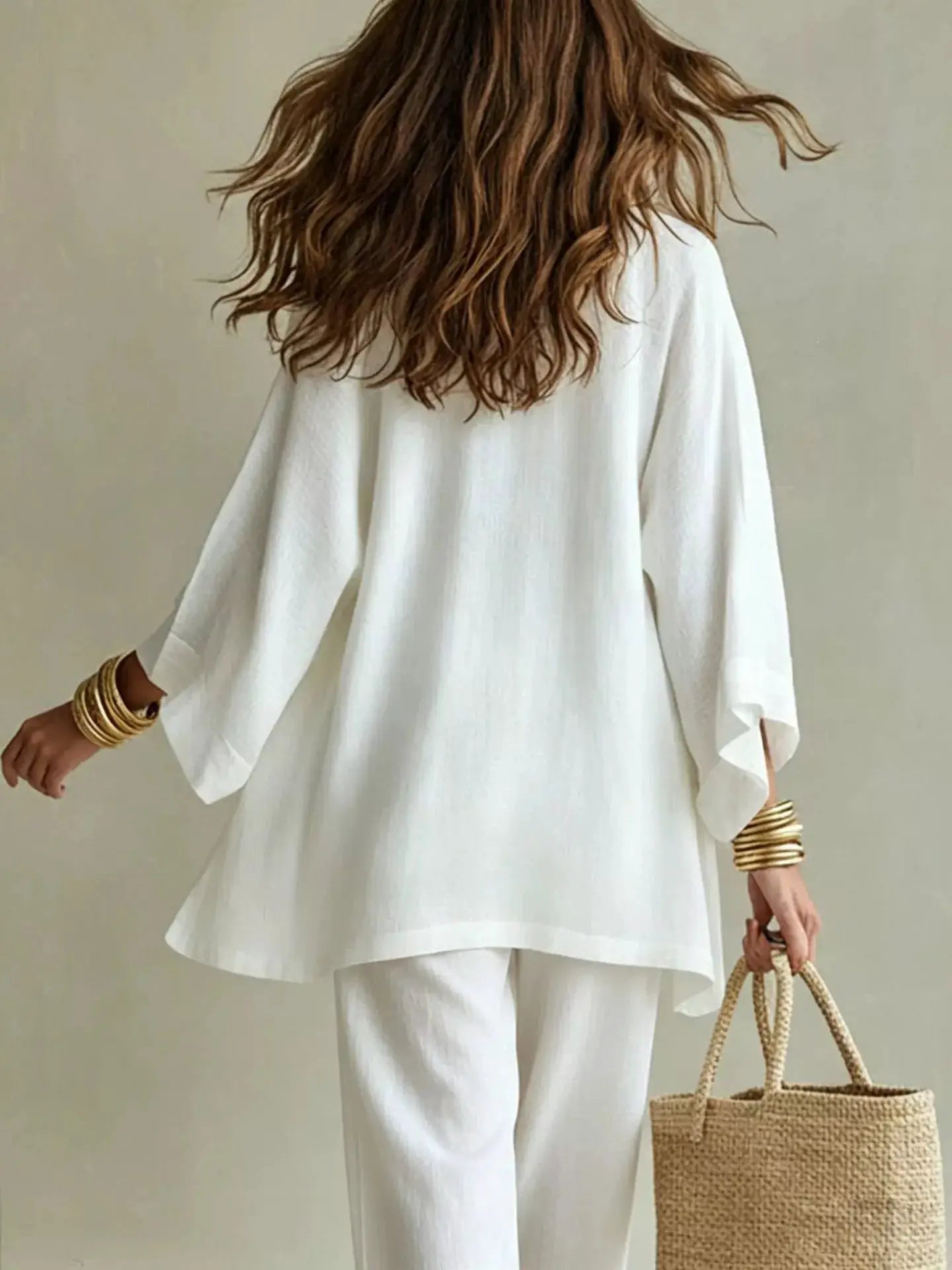 Full Size V-Neck Tank & Cardigan and Pants Set Plus Size by Trendsi in white, back view of model.