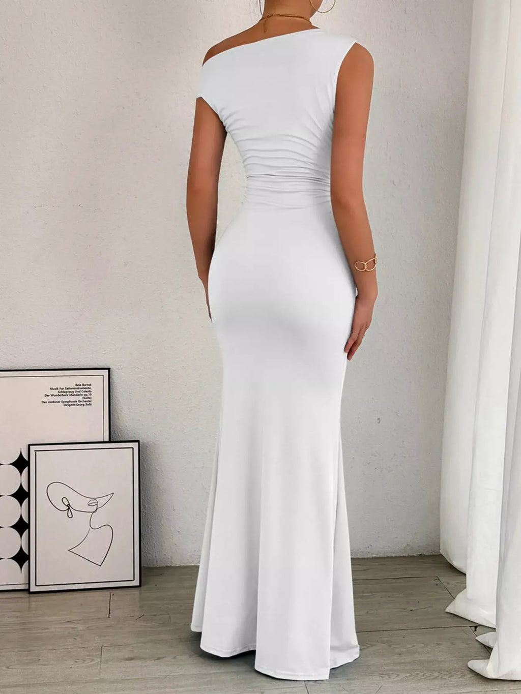 One-Shoulder Ruched Bodycon Maxi Dress by Belle Bijouix in white