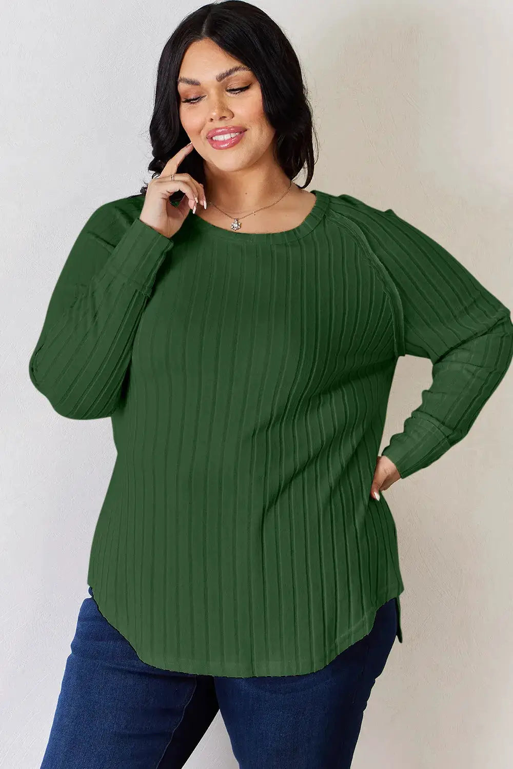 Basic Bae Full Size ribbed round-neck T-shirt in green with long sleeves and side slit