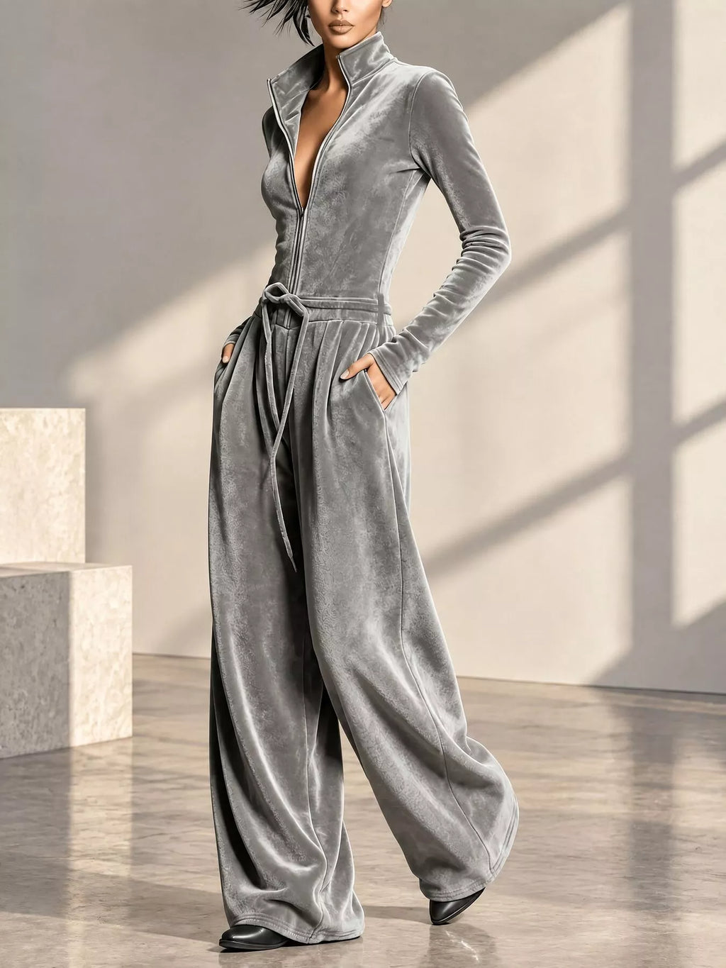 Velour Zip-Front Long Sleeve Wide-Leg Jumpsuit by Belle Bijouix – view 2 of 3