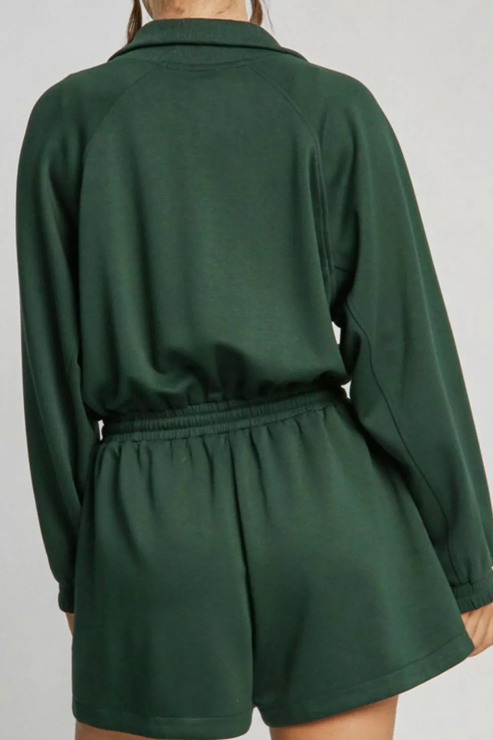 Zip-Up Drawstring Waist Romper by Belle Bijouix in green; long sleeves and elastic waist.
