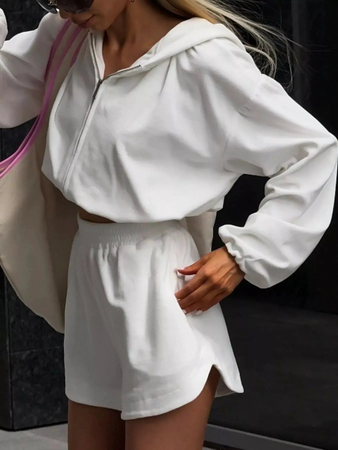 Long Sleeve Zip-Up Hoodie & Shorts Set in white by Belle Bijouix, women's activewear two-piece