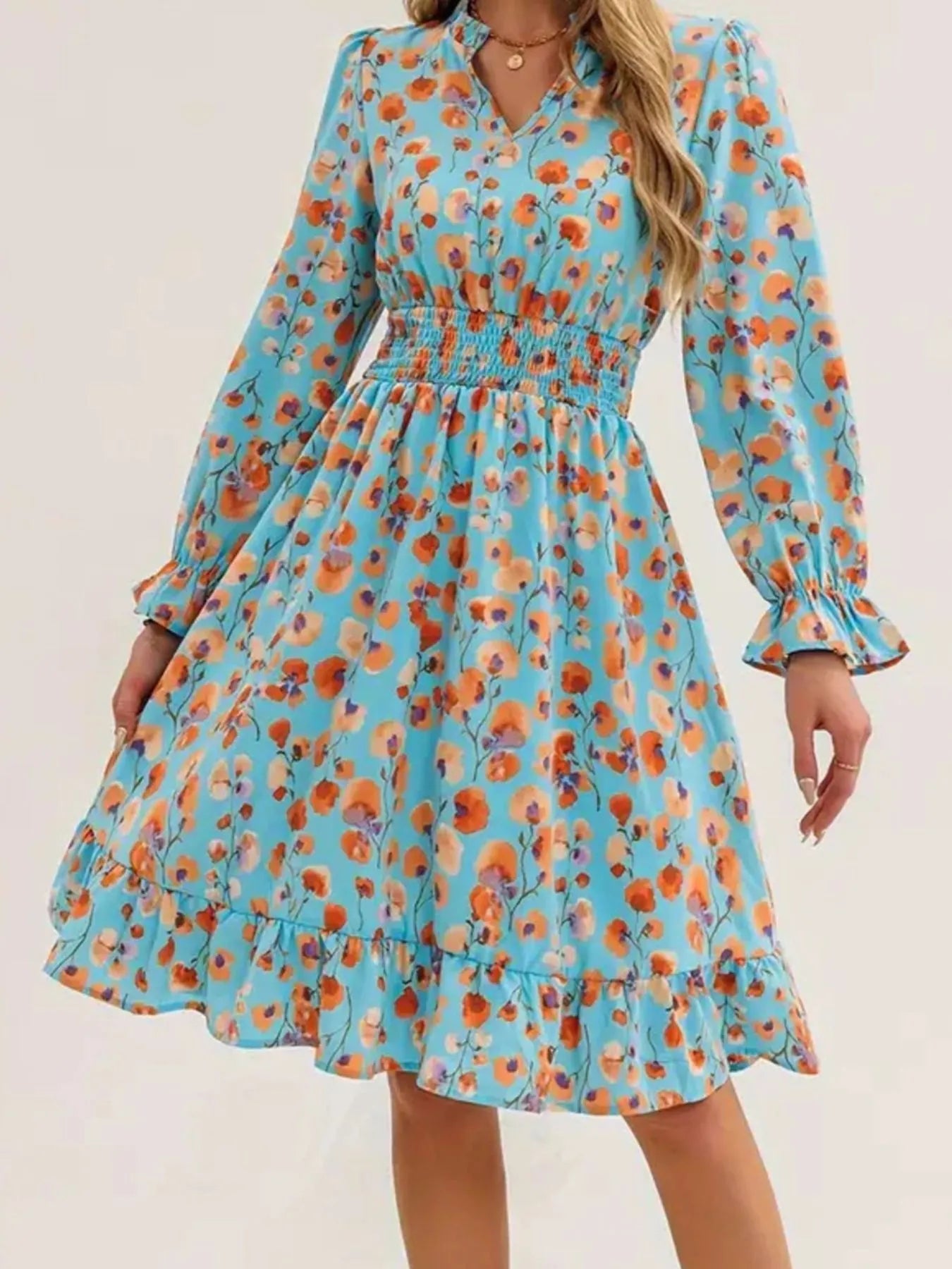 Floral Print Flounce Sleeve Ruffle Hem Dress in blue with orange florals, smocked waist