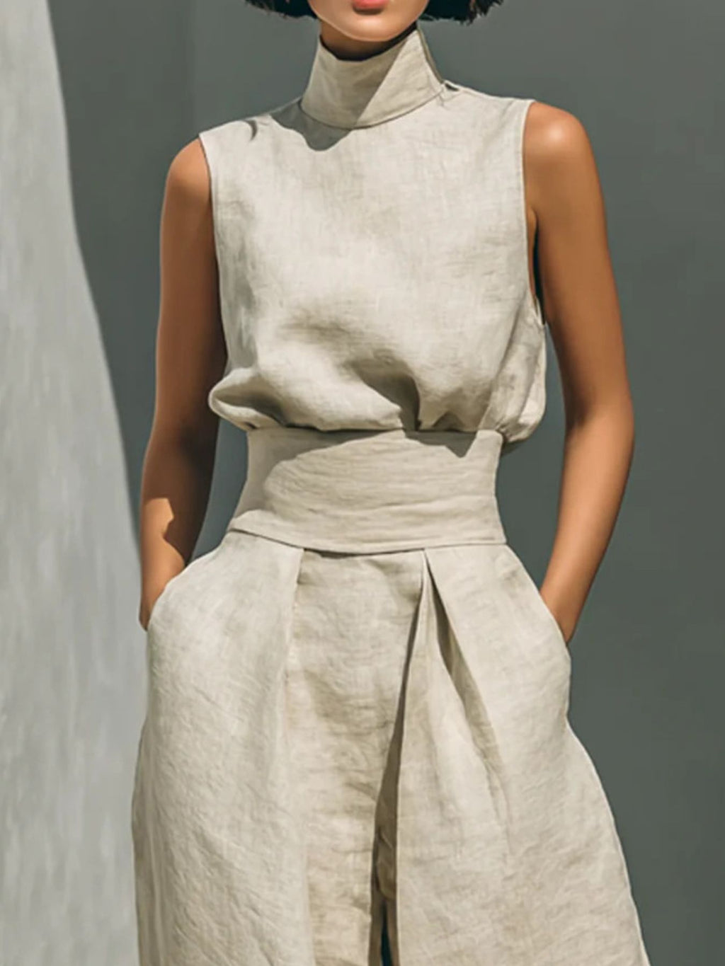 2-piece Turtleneck sleeveless top and pants set by Trendsi in beige linen-look fabric.