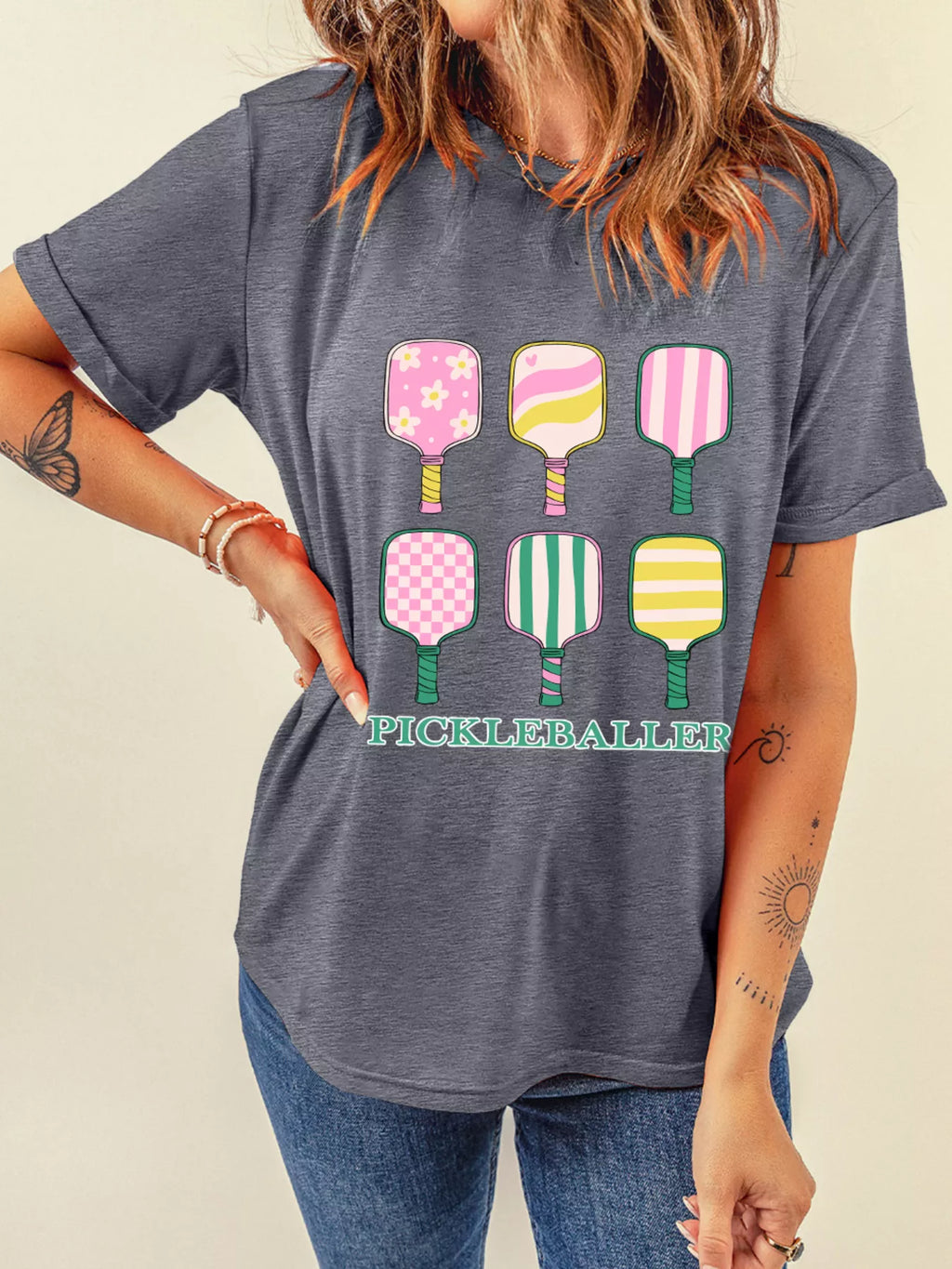 PICKLEBALLER printed t-shirt in heather gray with six colorful paddle icons