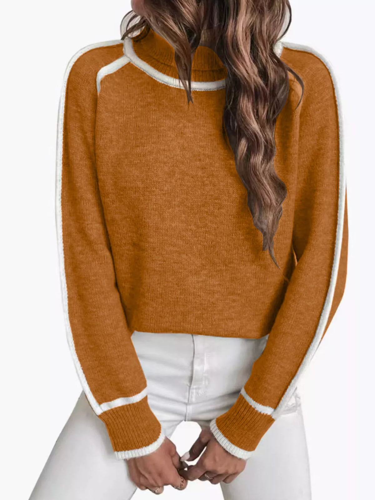 Front view of caramel turtleneck sweater with white contrast trim