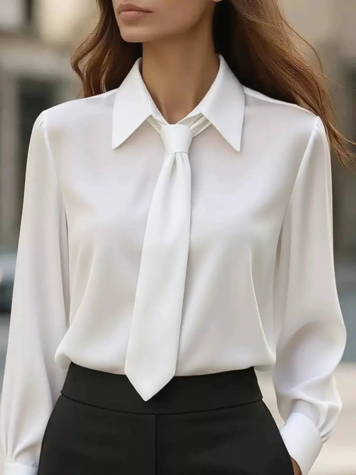 Collared neck long sleeve blouse in white with necktie by Belle Bijouix, TOPS.