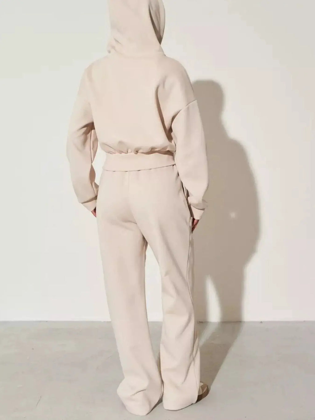 Zip-Up Hoodie & Wide Leg Pants Set, beige two-piece women's loungewear