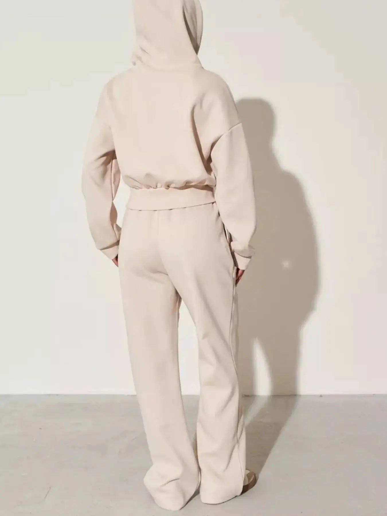 Zip-Up Hoodie & Wide Leg Pants Set, beige two-piece women's loungewear