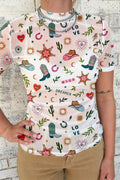 LOVE WILD DREAMER Western Print Sheer Mesh Top, white mesh with colorful cowboy hats, boots, cacti and hearts