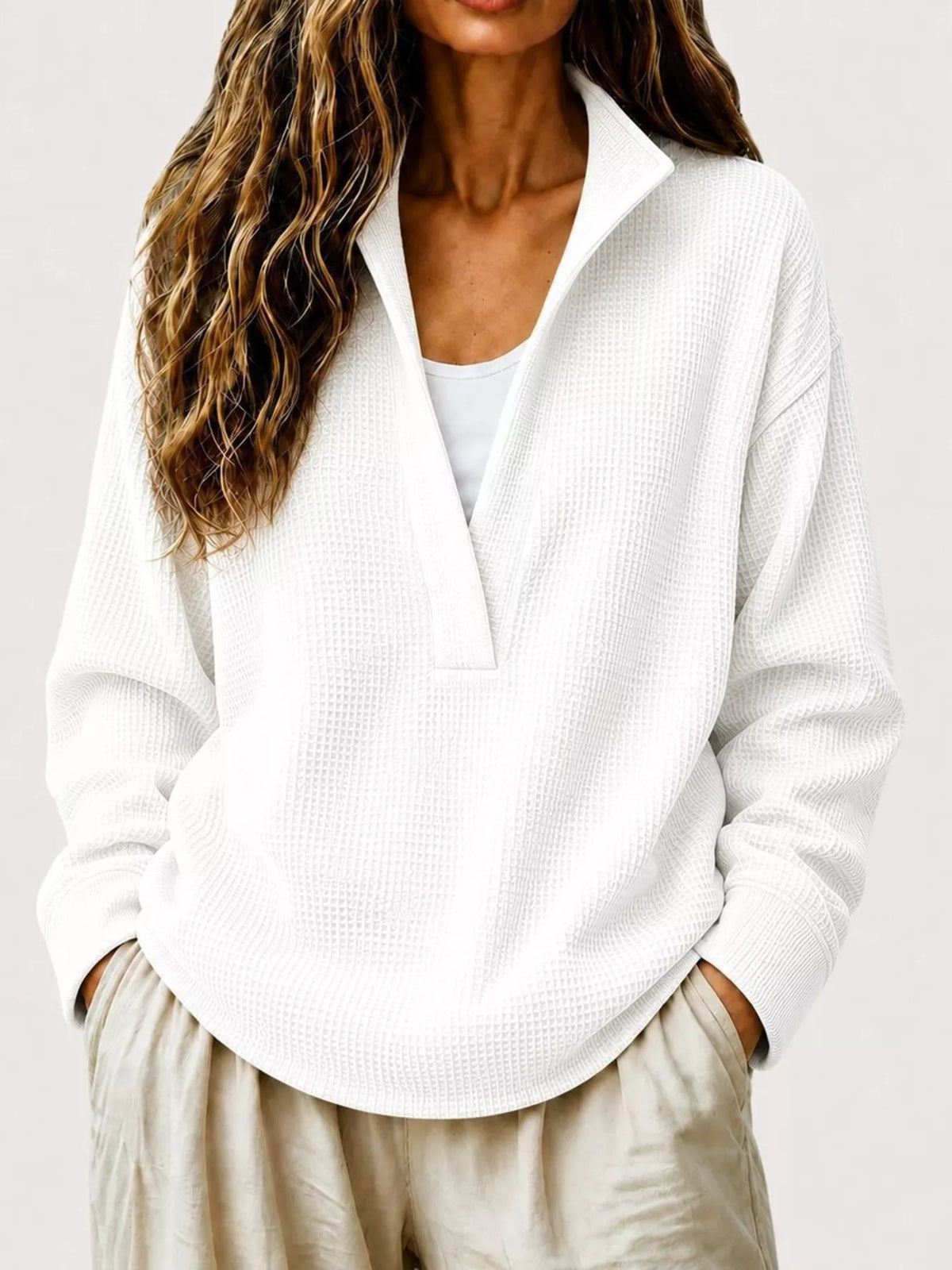 Waffle Knit Dropped Shoulder Sweatshirt