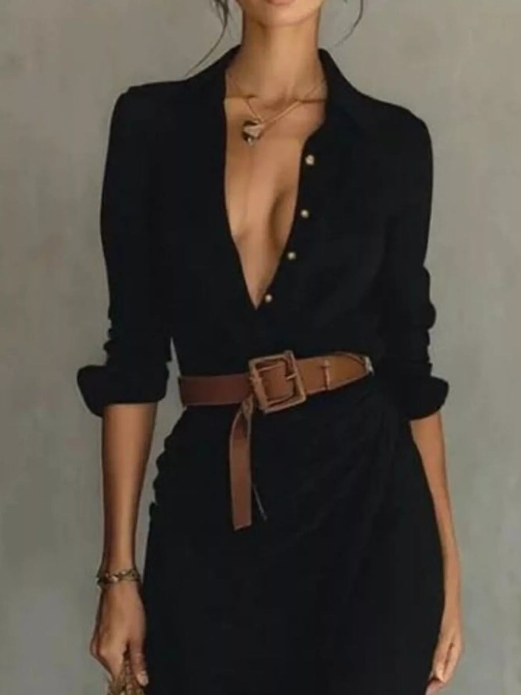 Full Size Ruched Long Sleeve Maxi Dress Plus Size by Belle Bijouix, black with belt and buttoned front