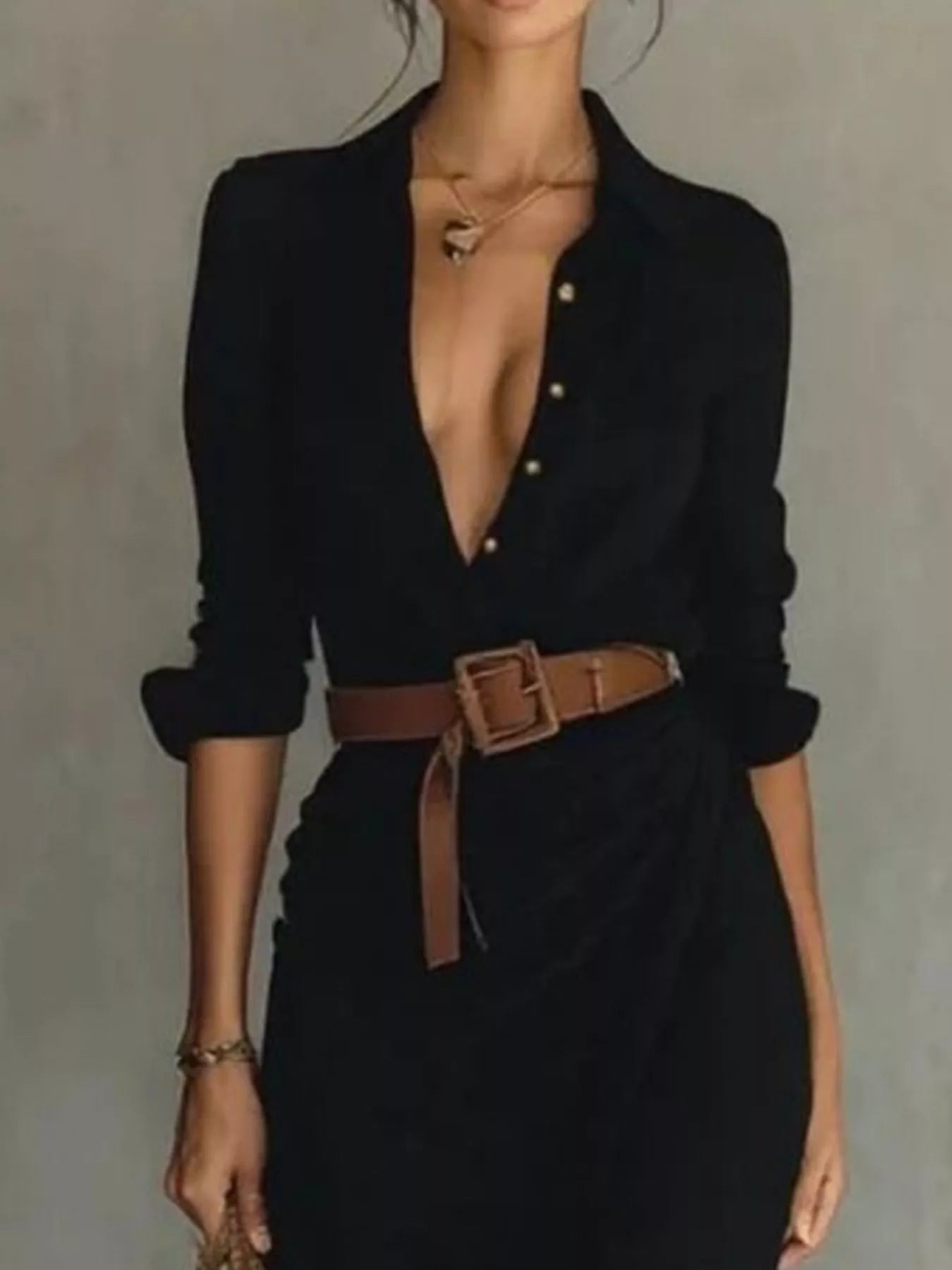Full Size Ruched Long Sleeve Maxi Dress Plus Size by Belle Bijouix, black with belt and buttoned front