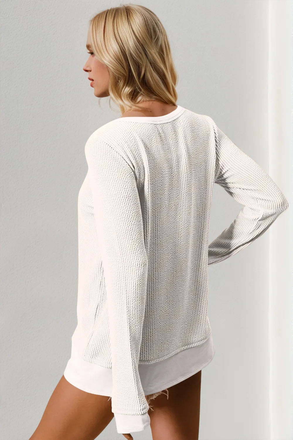 Double Take corded rib thumbhole cuff round-neck T-shirt, cream knit; sheer long-sleeve top