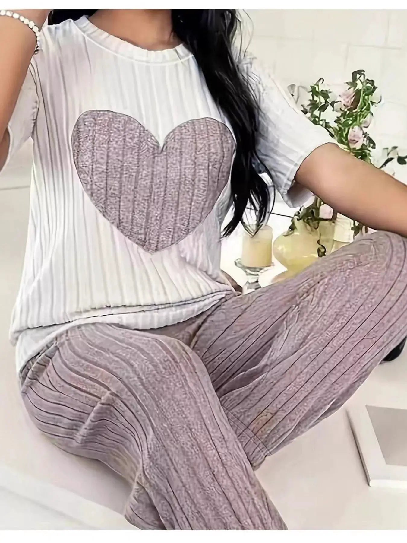 Heart Ribbed Knit Top and Pants Lounge Set by Belle Bijouix, white top with pink heart and lavender ribbed pants
