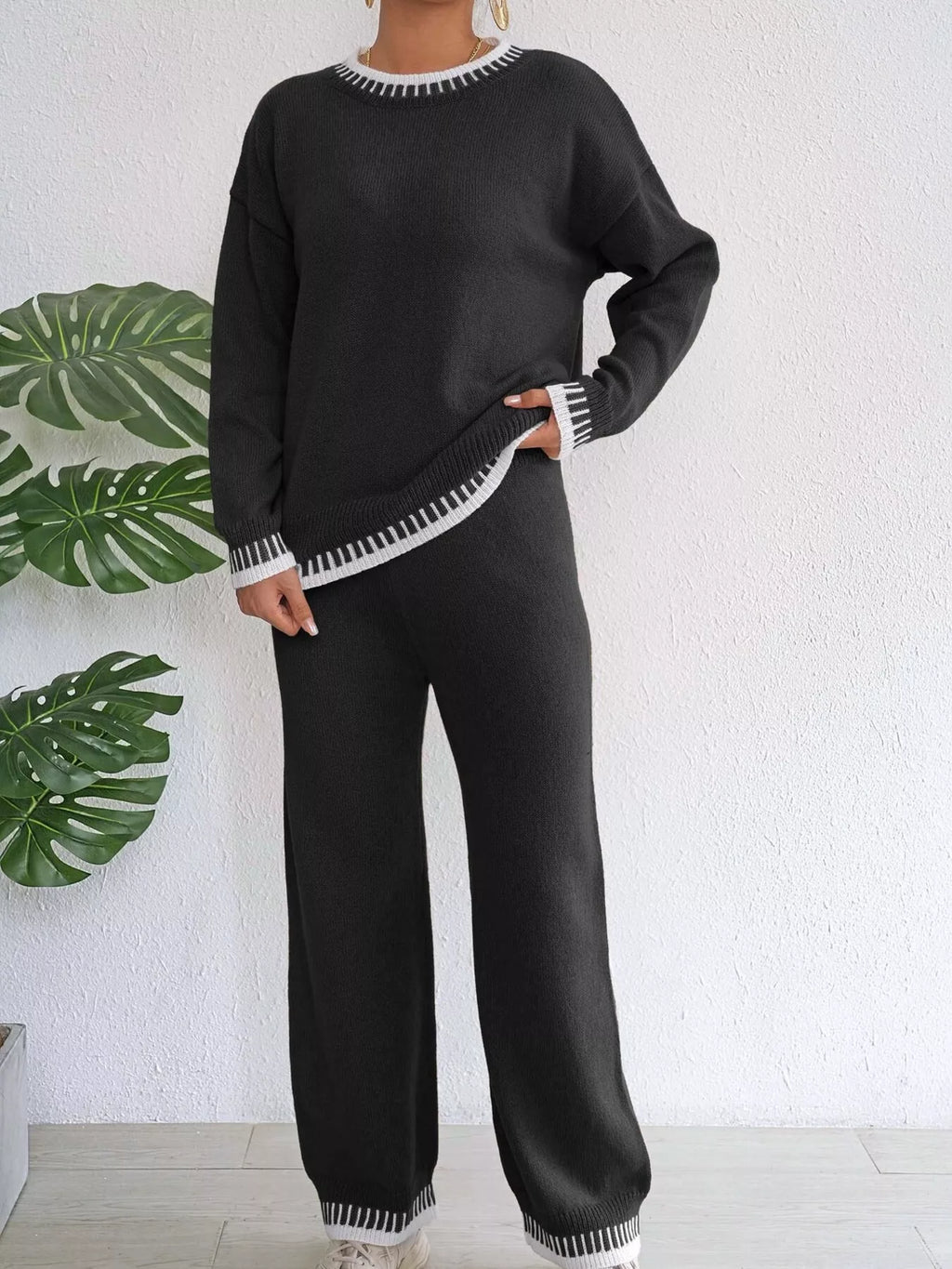 Contrast Trim Sweater & Pants Set