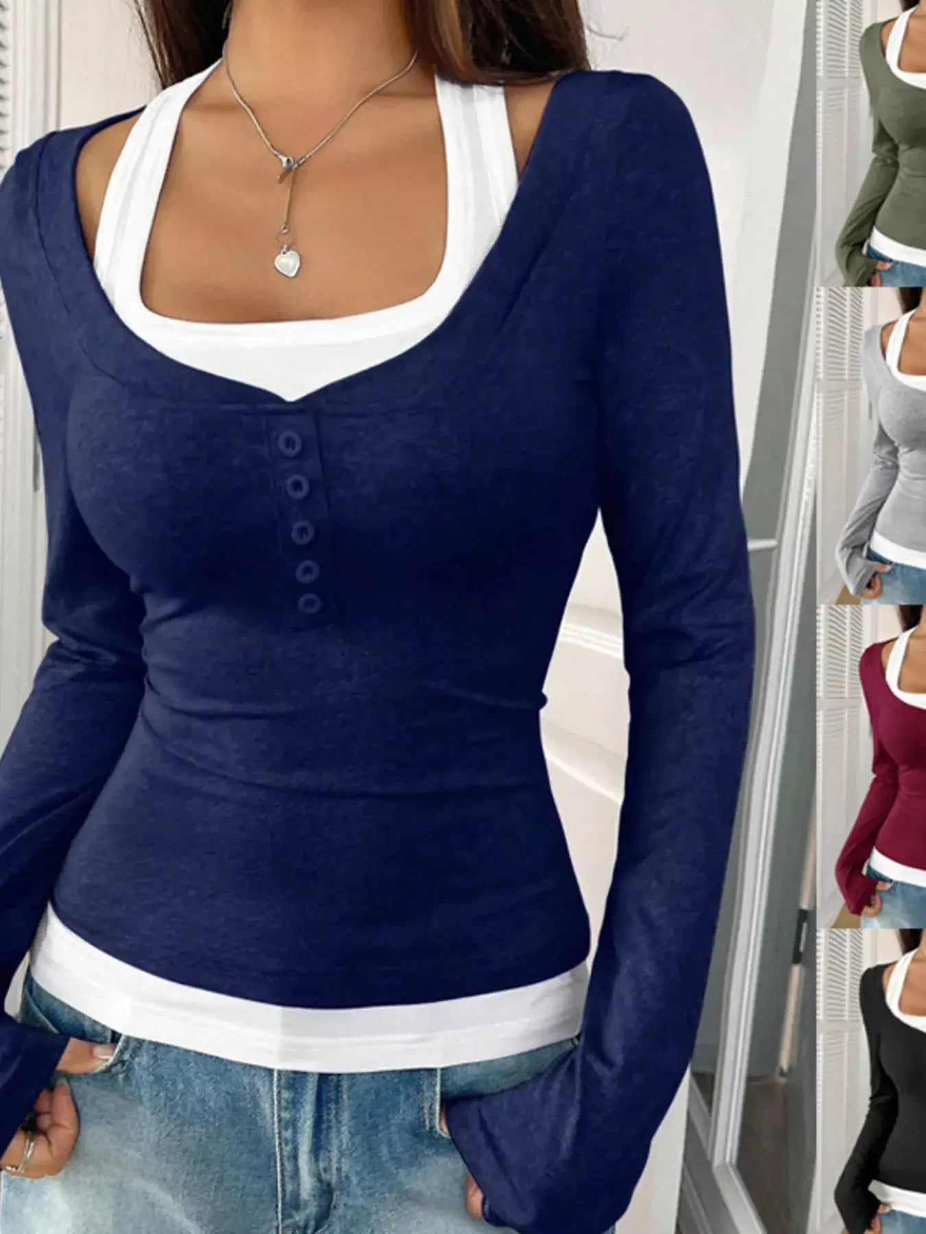 Scoop Neck Long Sleeve T-Shirt in navy blue knit with button placket and white hem trim