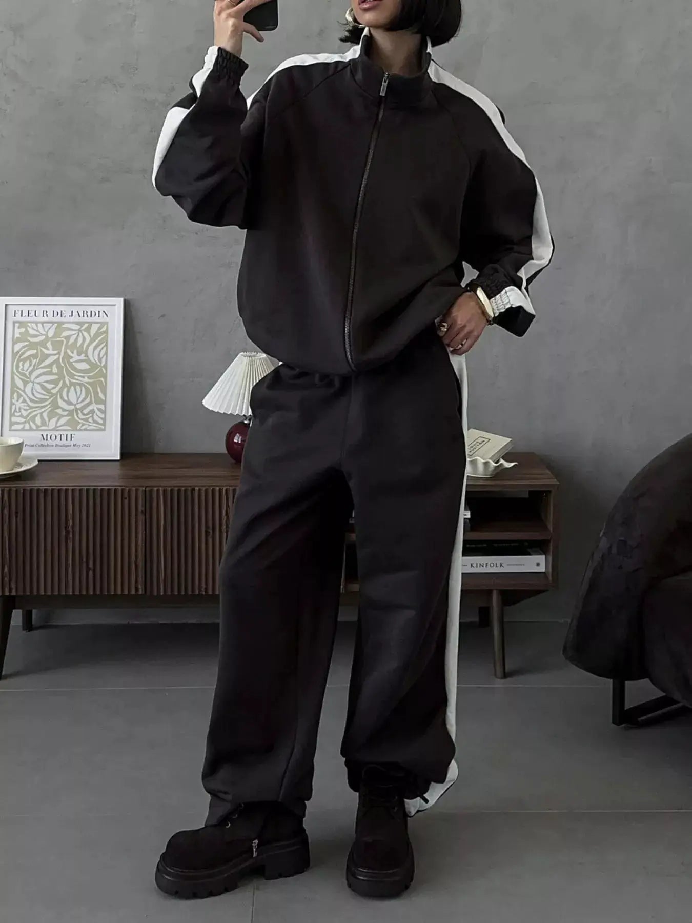 Two-Piece Zip Up Long Sleeve Outerwear And Pants Set Belle Bijouix black with white side stripes