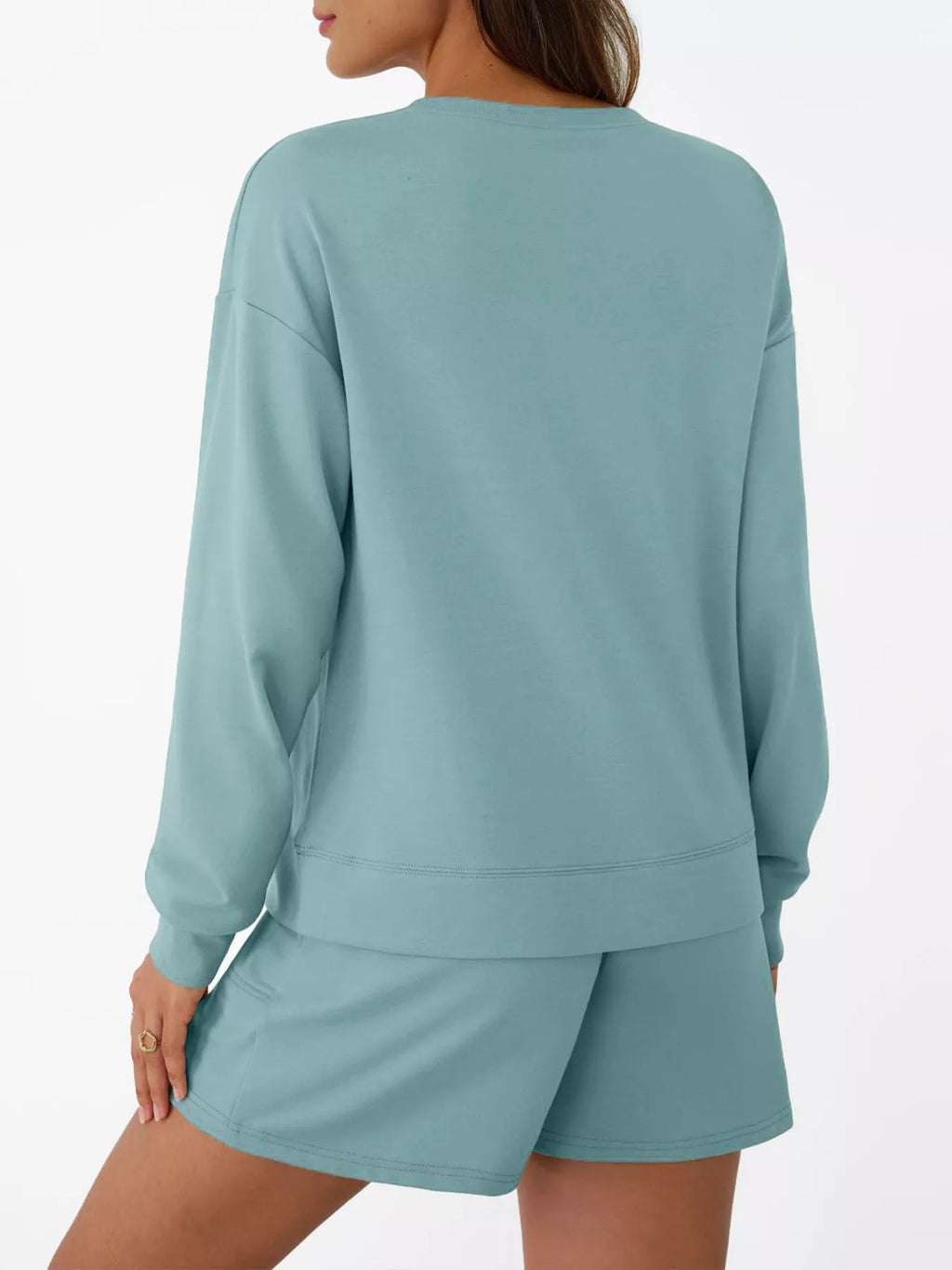 Round Neck Long Sleeve Top and Shorts two-piece teal activewear set