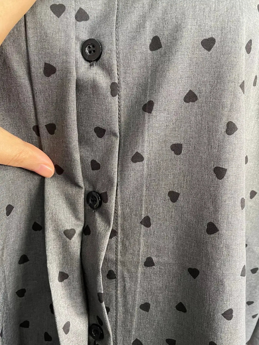 Heart Print Button Up Flounce Sleeve Shirt in gray with small black hearts