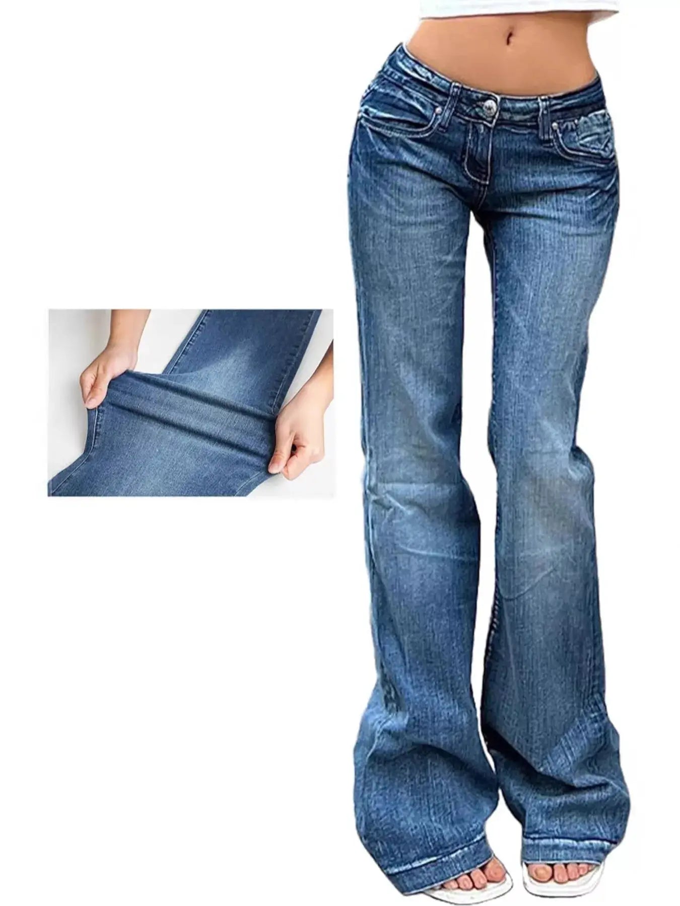 Low Rise Flare Jeans by Belle Bijouix, blue denim with pockets