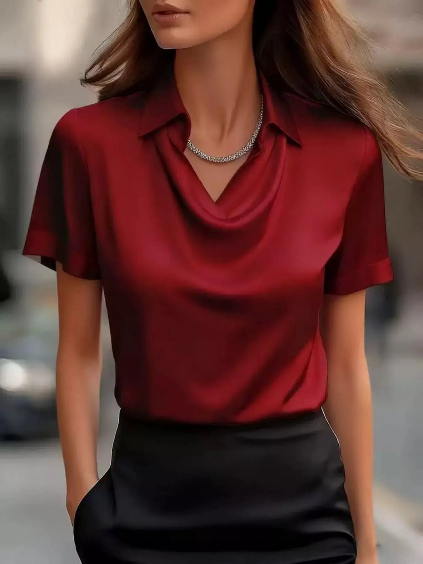 Full Size Cowl Neck Short Sleeve Satin Blouse, burgundy, plus size