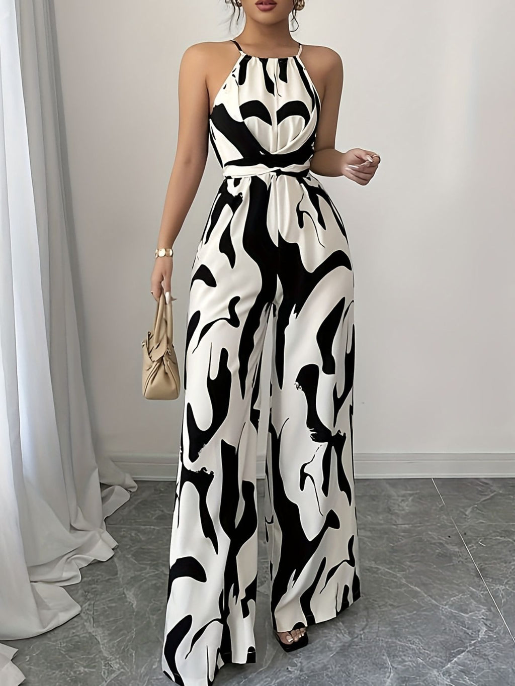 Abstract Print Sleeveless Wide-Leg Jumpsuit in black and white by Bellebijouix