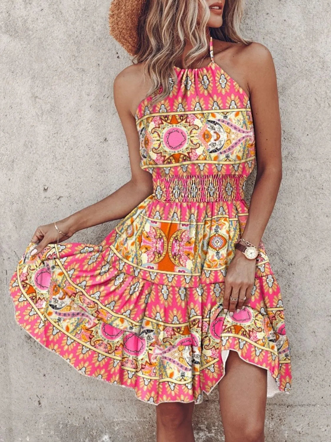 Paisley Print Halter Neck Mini Dress by Belle Bijouix; pink-orange boho pattern with ruffled, smocked bodice
