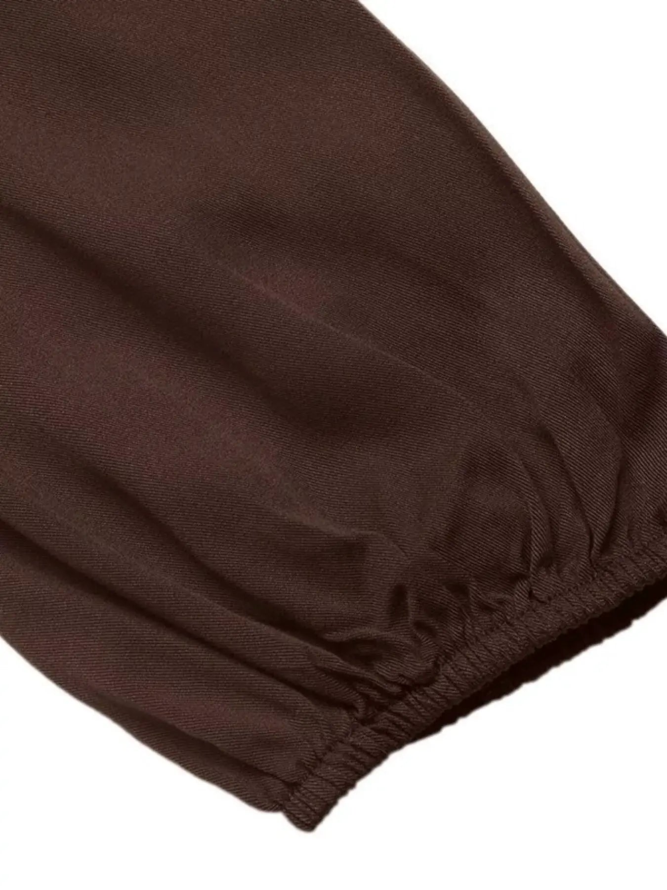V-Neck Balloon Sleeve Midi Dress in brown by Trendsi with elastic cuffs.