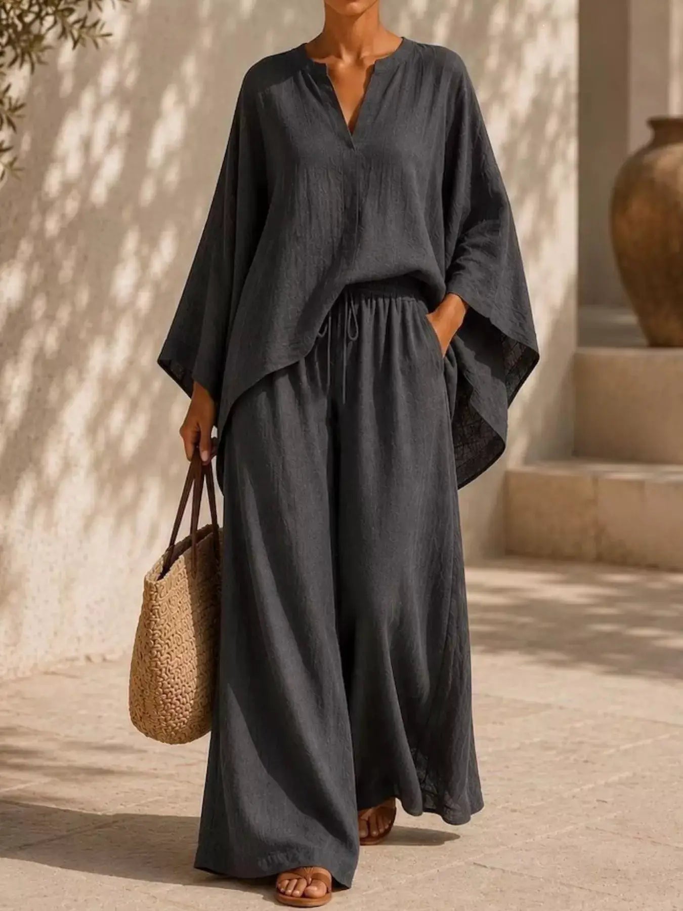 Plus-Size Notched Long-Sleeve Top & Wide-Leg Pants Set by Belle Bijouix in charcoal gray