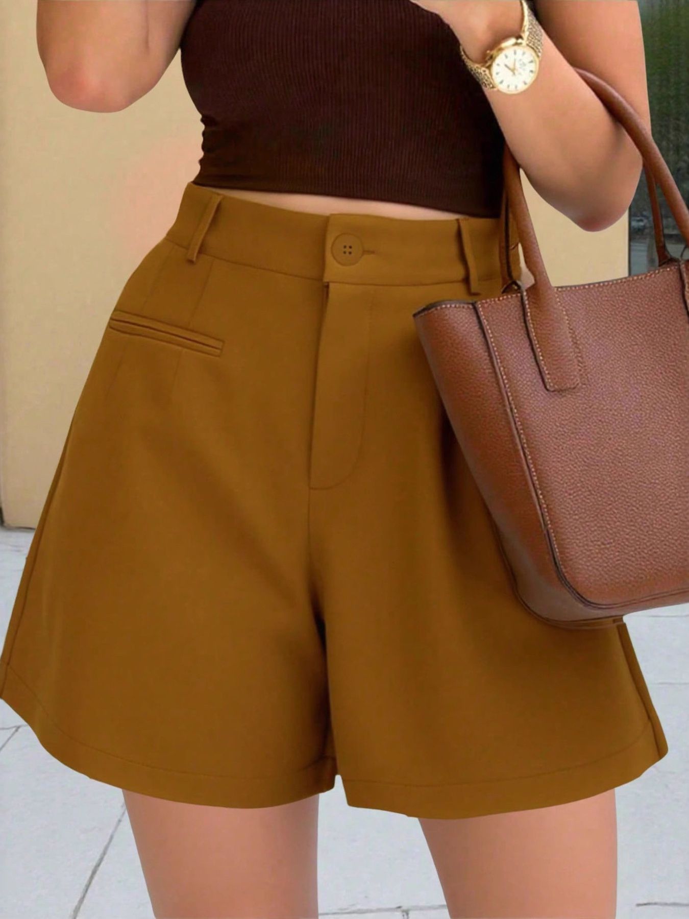 High-Waisted shorts in mustard brown with pockets by Bellebijouix