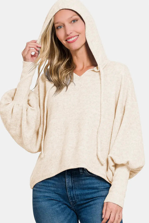 Zenana brushed hacci drop-shoulder cropped hoodie, cream color, with oversized sleeves