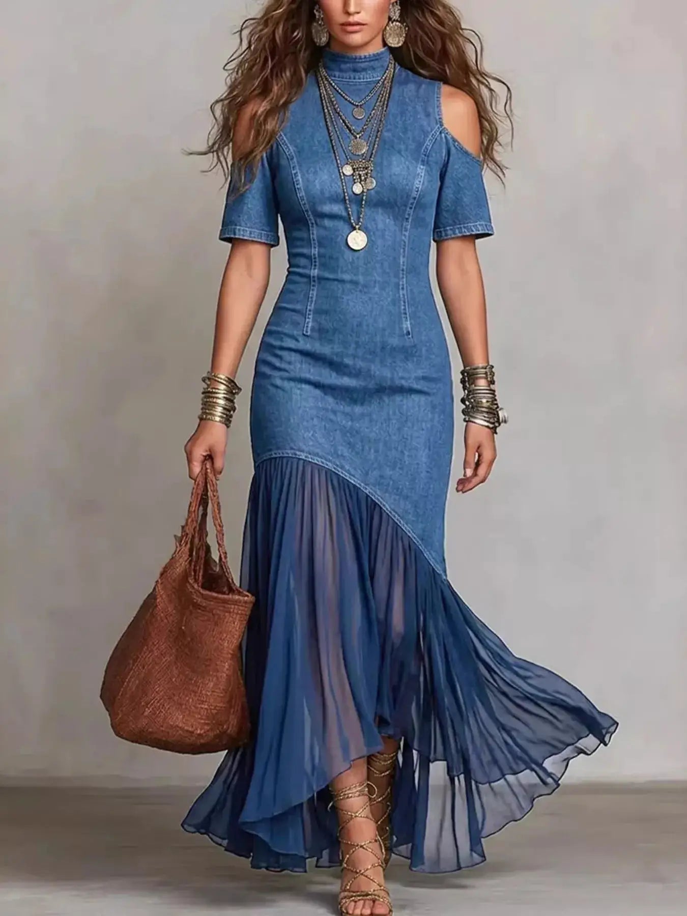 Belle Bijouix maxi dress with mock neck, cold-shoulder sleeves, ruched bodice and sheer ruffle hem in blue polyester