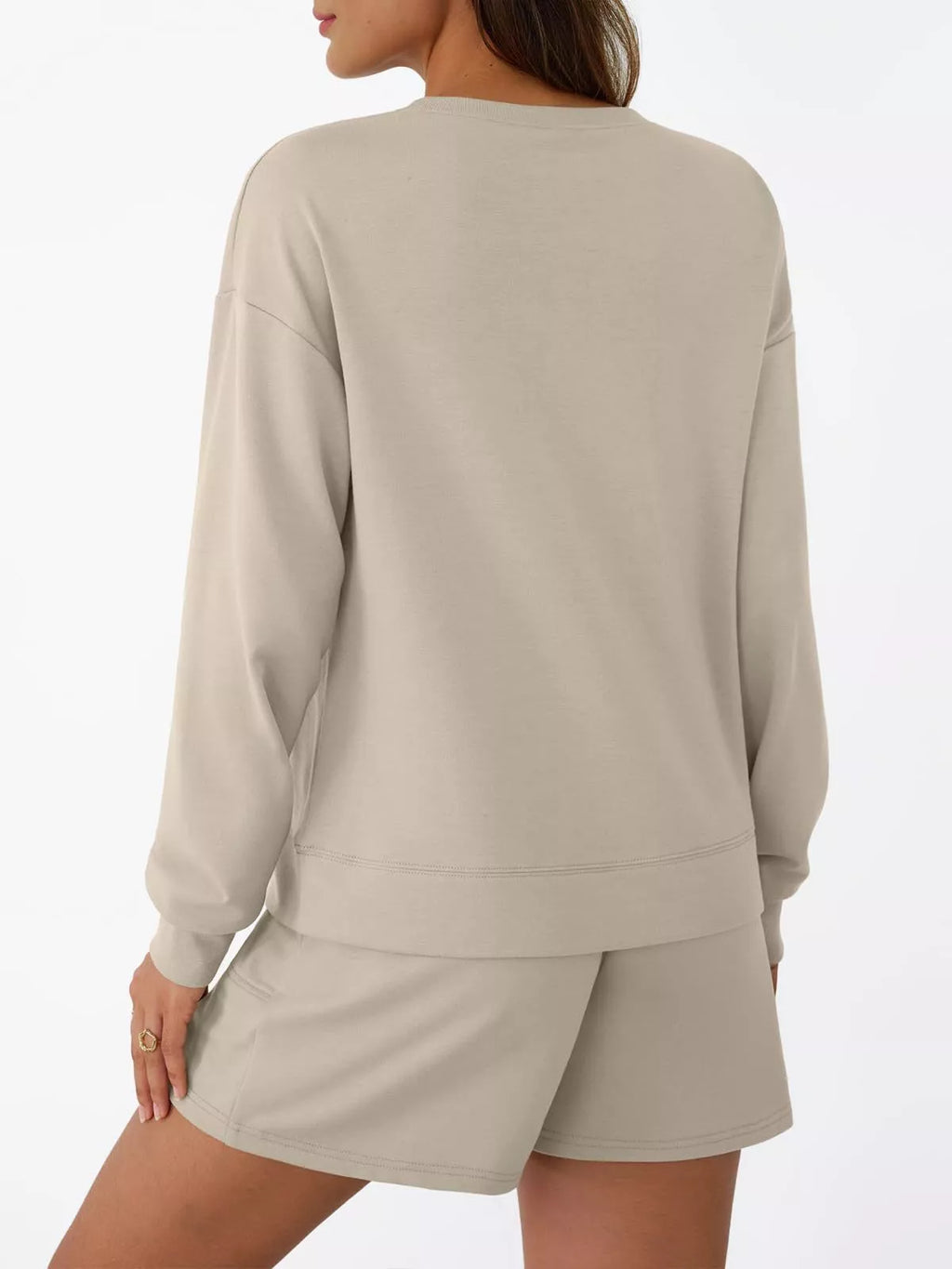 Round Neck Long Sleeve Top and Shorts Set by Belle Bijouix, beige two-piece activewear.