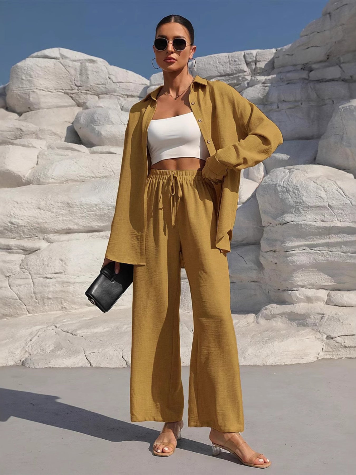 Button Up Long Sleeve Shirt and Pants Set by Trendsi in mustard